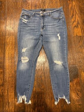 Judy Blue Distressed Light Blue Jeggings with Frayed Ankles
